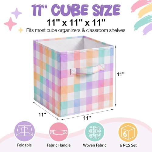Chunful 6 Pcs 11 Inch Fabric Cube Storage Bin Collapsible, Rainbow Plaid - Image 2