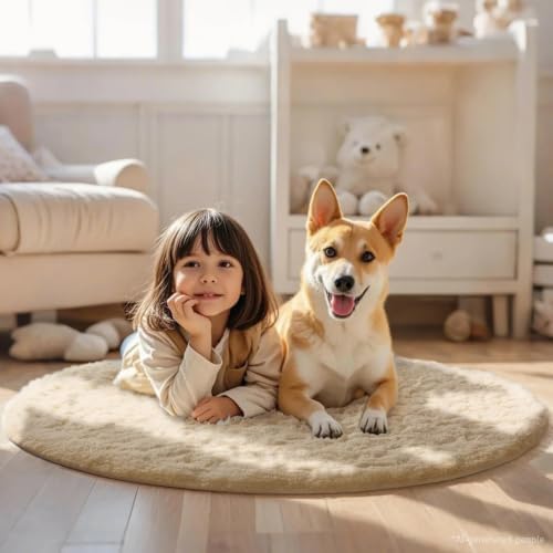 Ophanie Round Rug 4Ft Beige Circle Area Rug, Fluffy Fuzzy Small Bedroom Carpet, Plush Soft Shaggy Floor Living Room Circular Decor for Kids Boys Girls Home Aesthetic, Nursery with 99 pcs Pile fibers - Image 3