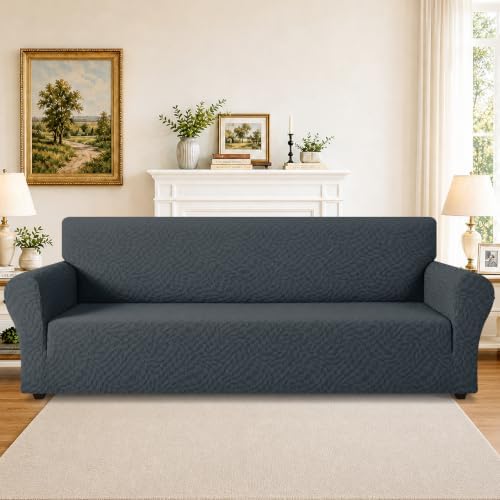ZNSAYOTX 1 Piece Stretch Oversized Sofa Covers (91"-112"), New Plaid Couch Cover with Non-Slip Buckle for Dog Pets, Ultimate Soft Cozy Washable X-Large Sofa Slipcover Form Fit Protector, Dark Grey - Image 2
