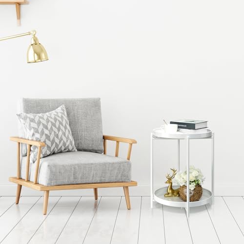 Danpinera 2 Tier Metal Side Table with Removable Tray - Round Accent Table, Anti-Rust White Nightstand for Bedroom, Balcony, Patio - Image 6