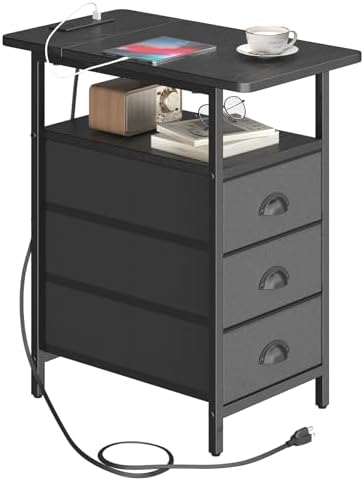 sthmec End Table with Charging Station, Side Tables Livingroom with USB Ports and Outlets,Narrow Nightstands Bedside Tables with 3 Drawers PU Finish for Small Space,Slim Sofa Table Bedroom,Black by Unknown