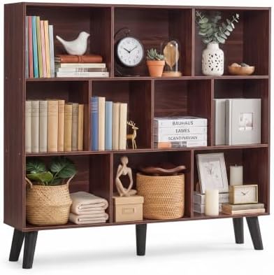 YAHARBO 10 Cube Walnut Bookshelf,3 Tier Book Shelf with Legs,Modern Minimalist Bookcase,Open Book Shelves Storage Organizer,Frees Standing Wooden Display Bookcases for Small Space,Bedroom,Living Room by YAHARBO