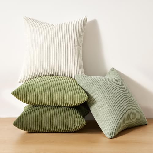 Topfinel Boho Farmhouse Green White Throw Pillow Covers 16x16 Inch Set of 4 Mordern Nordic Cushion Covers Soft Corduroy Spring Home Decor for Couch Bed Sofa Living Room Forest Green - Image 6