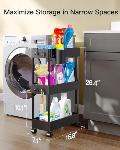 Pipishell 3 Tier Bathroom Storage Cart, Slim Storage Cart with Wheels,Black - Image 2