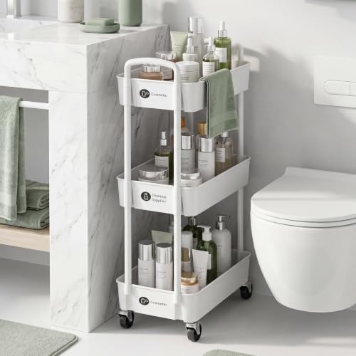 Laiensia 3-Tier Rolling Cart with Wheels,Multifunction Utility Storage Carts, Kitchen Storage Organizer,Mobile Shelving Unit for Bathroom,Laundry,with Classified Stickers,White (Pack of 2) - Image 7