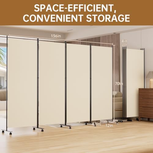 Room Divider 136'' Wide Folding Room Divider Panel with Wheel,Upgraded Base - Image 7