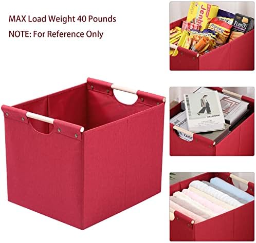 HOONEX Large Collapsible Storage Bins, Linen Fabric, Pack of 2, Storage Baskets with Wooden Carry Handles and Sturdy Heavy Cardboard, for Home, Office, Car, Nursery, Red - Image 2