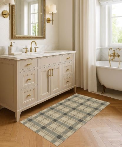 Front Door Mat Indoor Entrance - 2x4.3 Taupe Beige Tartan Plaid Rug - Image 7