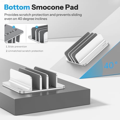 OMOTON 3-Slot Multiple Vertical Laptop Stand, Fits MacBook, Bright Silver - Image 4