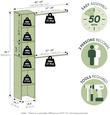 Furinno FANO Closet Organizers and Storage, 5-Tier Closet Storage Organizer with 2 Hanging Bars, Wardrobe Closet Shelf Towers, Adjustable Shelves, for Wardrobe, Bedroom, Living Room, White - Image 3