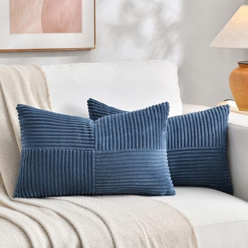 Fancy Homi 2 Packs Dusty Blue Lumbar Decorative Throw Pillow Covers 16x28 Inch for Couch Bed Sofa, Rustic Farmhouse Boho Home Decor, Soft Striped Corduroy Rectangle Accent Cushion Case 40x70 cm by Fancy+Homi