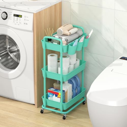 JIUYOTREE 3-Tier Plastic Rolling Storage Cart Utility Cart Green - Image 3