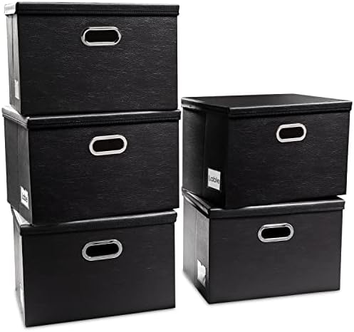 PRANDOM Large Stackable Storage Boxes with Lids [5-Pack] Leather Fabric Foldable Storage Bins Organizer Containers Baskets Cubes with Cover for Bedroom Closet Office Nursery Black(17.7x11.8x11.8) by Prandom