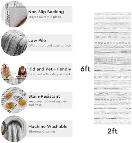 2x10 Runner Rug Machine Washable Non Slip Area Rug Distressed Neutral Moroccan Boho Rug Ultra Soft Floor Runners for Hallways for Entryway Laundry Room Kitchen, Black - Image 5