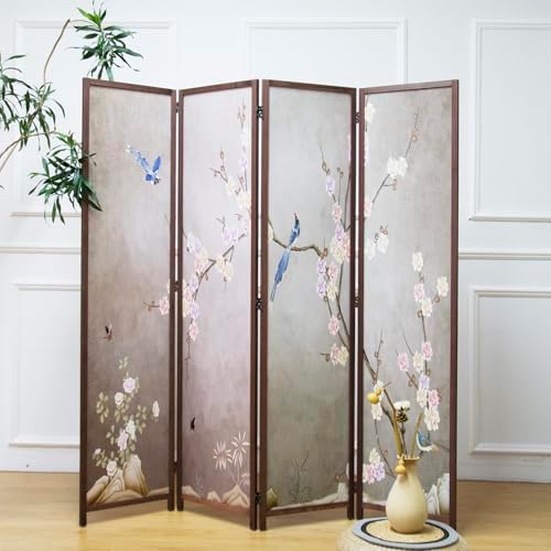4 Panel Room Divider, 5.6 ft Tall Blackout Folding Privacy Screen - Double-Sided Freestanding Partition Wall with Different Patterns, Classic Plum and Bird Artwork for Home Office - Image 5
