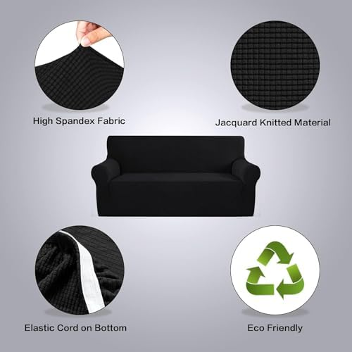 H.VERSAILTEX Stretch Couch Covers for Sofa 1 Piece Slipcovers for Couches and Sofas 3 Seater Couch Cover Feature Thick Checked Jacquard Fabric with Elastic Bottom(Large Sofa 90"-100" Wide, Black) - Image 4