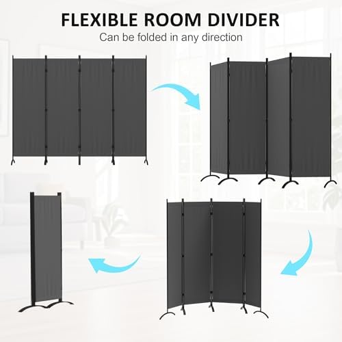 Room Divider 4 Panel Folding Screen Portable Wall with 5 Curved Metal Feet Partition Room Dividers，6FT Wall Divider for Office Divider, Bedroom，Dressing Room,Grey - Image 2