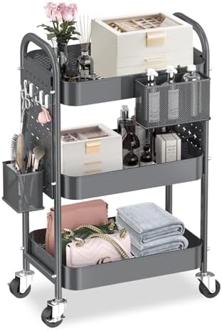ALVOROG 3 Tier Metal Rolling Utility Cart with Pegboards,Baskets,Hooks,Gray by ALVOROG