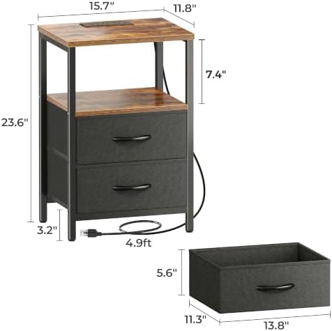 Huuger Nightstand with Charging Station, Side Table with Fabric Drawers - Image 2