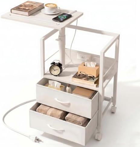 Faesun Swivel Lift Top Nightstand with Charging Station, Rolling Side Table for Recliner, Bedside Table with Wheels & 2 Fabric Drawers, for Small Spaces, for Bedroom, Living Room, White by Faesun