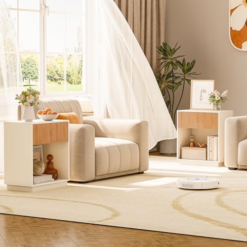 Fluted Nightstands Set of 2, Modern Bedside Table with Drawer and Storage Shelf, Wood End Table Mid Century Night Stands for Bedroom Living Room Sofa Couch Office (White+Oak) - Image 6