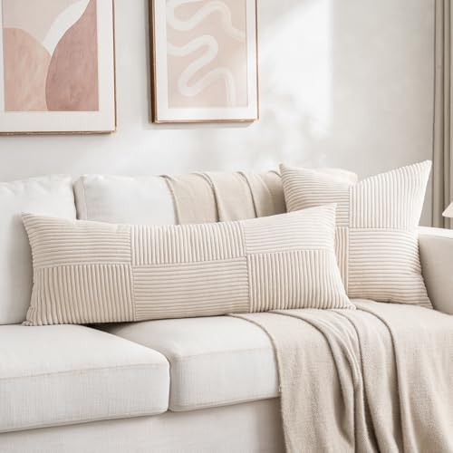 Fancy Homi Set of 2 Cream Boho Long Lumbar Body Decorative Throw Pillow Cover 14x36 Inch for Bed Couch Bedroom Bench, Soft Patchwork Corduroy Textured Pillow Case, Rustic Farmhouse Room Décor - Image 5