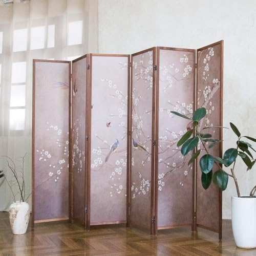 6 Panel Room Divider, 5.6 ft Tall Blackout Folding Privacy Screen - Double-Sided Freestanding Partition Wall with Different Patterns, Classic Plum and Bird Artwork for Home Office by PawlaBay