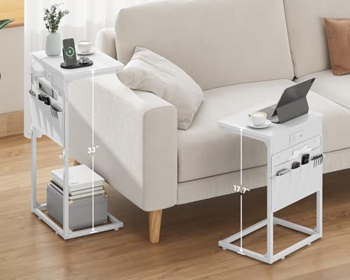 Vagusicc C Shaped End Table with Charging Station, Adjustable Height Side Table for Couch, Sofa Table Laptop Couch Side Tables, Slide Under Sofa TV Tray Arm C Tables for Living Room Bedroom, White - Image 2