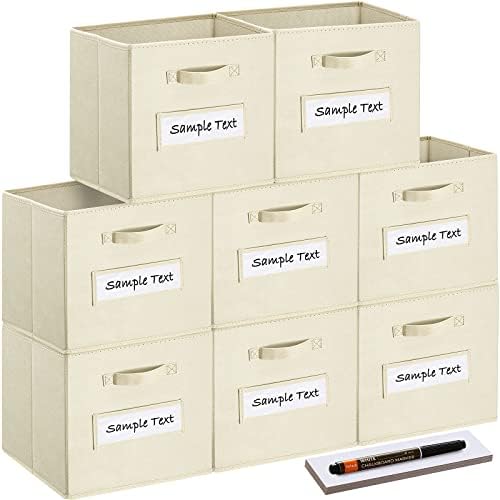 13x13x13 storage cube bins(Set of 8) Fabric storage cubes with 8 Labels Window Cards & a Pen, storage cubes 13x13, Collapsible 13 inch cube storage bins, Cubby Boxes, Beige by Artsdi