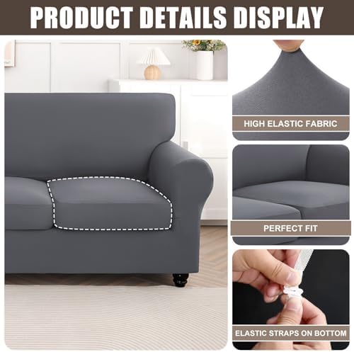 SearchI Stretch Sofa Cover Couch Cover, 3 Pieces Loveseat Slipcover with 2 Separate Cushion Cover, Washable Furniture Protector for Living Room(Loveseat, Grey) - Image 2