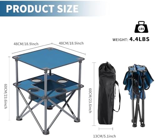 Folding Camping Table, Portable Outdoor Picnic Table, Lightweight Square Camp Table with Built-in 4 Cup Holders Food Basket and Travel Bag for Barbeque Beach Camping and Tailgate Blue - Image 3