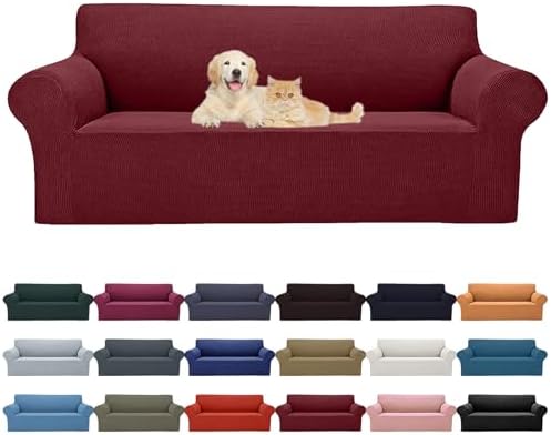 Cupuamon 2026 New Stretch Sofa Slipcovers Couch Cover for 3 Cushion Furniture Protector Sofa Covers with Elastic Bottom Jacquard Fabric Small Checks for Pets, Kids -Sofa, Dark Red by Cupuamon