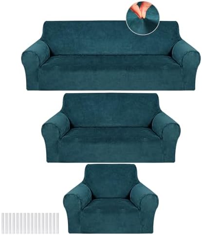 Peryiter 3 Pcs Couch and Loveseat Sofa Covers,Deep Teal,Velvet by Peryiter