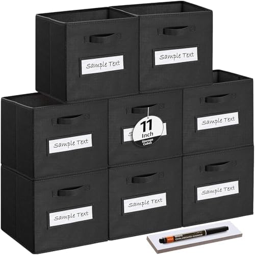 Fabric storage cubes (Set of 8) 11 Inch Cube Storage Bin, Cube storage with 8 Labels Window Cards & a Pen, Foldable cube organizer bins,11x11 Storage bin, Cubby Organizer Boxes, Black by Artsdi