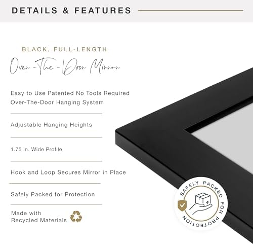MCS 14.7x50.7 Black Over The Door Mirror, Full Length Hanging Mirror for Bedroom & Bathroom Doors, Lightweight Design with Patented No Tools Required Hanging System - Image 5