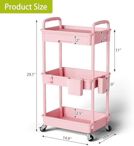 Sorgion 3 Tier Rolling Cart Organizer,Laundry Room Bathroom Organizers and Storage Office Shelves Mobile Shelving Unit Kitchen Trolley Cart with Wheels for Art,Craft,Diaper,Bedside,Snack(Pink) - Image 3