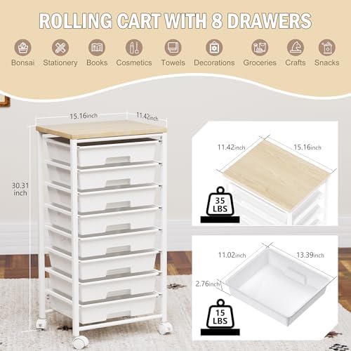 Rolling Cart with 8 Drawers, Storage Drawers Cart with Wooden Tabletop and Lockable Wheels, Craft Storage for Living Room, Office, Classroom, Craft Room, Bedroom - Image 2
