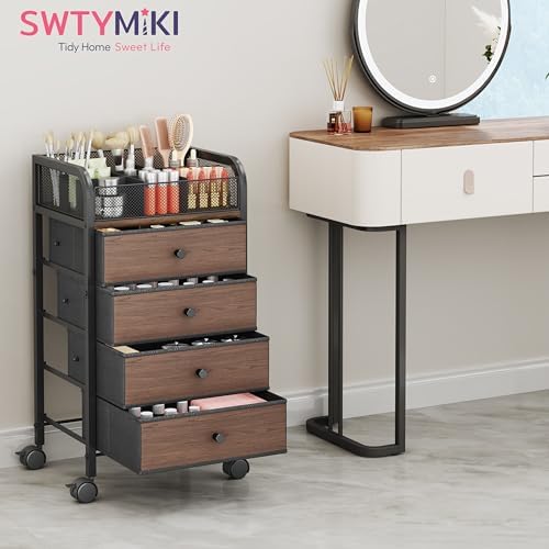 SWTYMIKI Rolling Makeup Organizer Cart - 14.96″*11.81″*27.55″ Widened Under Desk Vanity Storage with 4 Non-woven Drawers, Cosmetic Display Cases for Skin Care Perfume Nail Polish Brush Hair Tool Black - Image 7