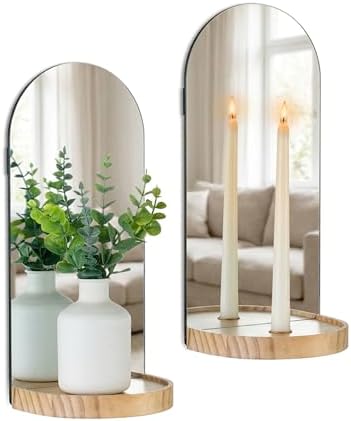 Arch Mirror Wall Candle Holder Set of 2 with Natural Wood Shelf by Walasis