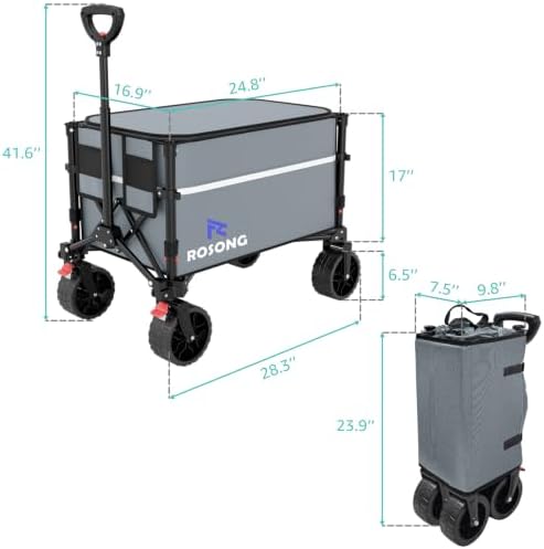 ROSONG Collapsible Wagon Cart with Wheels, Grey with Cover, 120L - Image 6