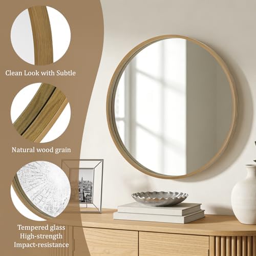 WallBeyond Round Mirror with Wood Frame, 28" Circle Modern Decoration Large Home Decor Mirror for Bathroom Living Room Bedroom Entryway (28" Diameter, Natural Wood) - Image 5