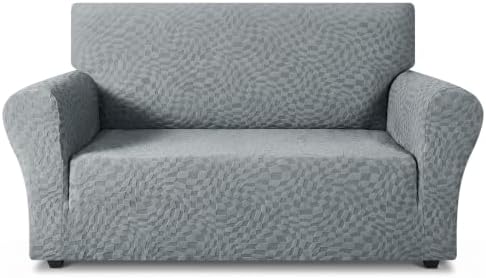 ZNSAYOTX 1 Piece Stretch Loveseat Covers for 2 Cushion Couch (55"-71"), New Plaid Couch Cover with Non-Slip Buckle for Dog Pets, Soft Cozy Washable Sofa Slipcover Form Fit Protector, Light Grey by ZNSAYOTX