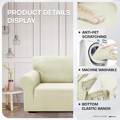 ZNSAYOTX 1 Piece Jacquard Couch Covers for 3 Cushion Couch High Stretch Sofa Cover for Pets Dogs Anti Slip Extra Large Sofa Slipcovers Furniture Protector (X-Large,New Pattern Light Beige) - Image 3