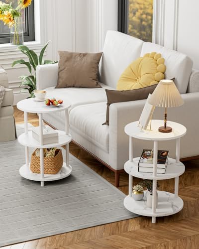 XBurmo Small Round End Table - 3 Tier Design Accent Table, Narrow Side or Bedside Stand, Industrial Vintage Nightstand for Bedroom, Living Room, or Small Spaces, Set of 2, Marble White - Image 2
