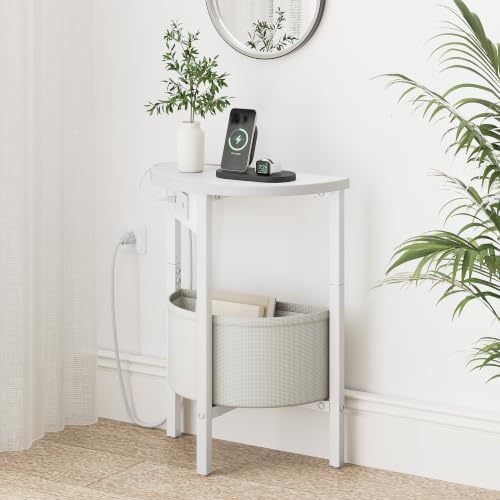 VAGUSICC Round Side Table with Charging Station, Small Round Accent End Table with Fabric Basket, Set of 2 Half Moon Tables Coffee Table, Bedside Table, Modern Nightstand for Living Room Bedroom,White - Image 2
