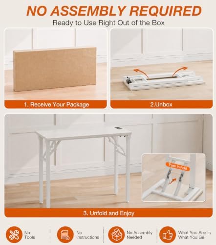 XBurmo Small Folding Desk Folding Table, No Assembly Foldable Desk Gaming Desk, 35.8-Inch Computer Table Workstation with 2 AC Outlets and 2 USB Ports for Bedroom and Home Office, White Ash - Image 3