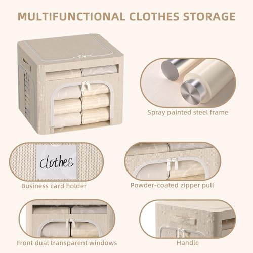 FHSQX 6 Pack Foldable Storage Bins for Clothes Clothes Storage Bins with Metal Frame Stackable Storage Box with Lid (Beige, 16.5x12.2x12.2 inch (40L)) - Image 2