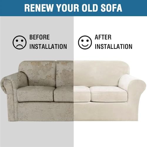 H.VERSAILTEX High Stretch Sofa Slipcover 4 Piece Cover Velvet Furniture Protector Form Fit Thick Velvet Extra Large Sofa Cover for 3 Cushion Couch Width Up to 97 Inch (Large Sofa, Ivory) - Image 7