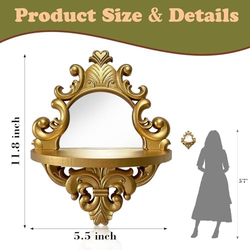 2 Set Vintage Candle Wall Sconce for Home Decor Living Room Bedroom Office Wood Antique Mirrored Victorian Mounted Candlestick Wall Holder Relief Hanging Decor -Gold 11.8in - Image 4