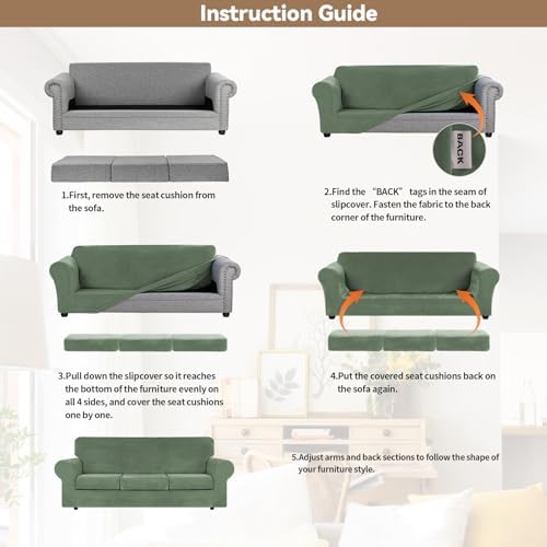 WEERRW 4 Pieces Couch Cover for Sofa Velvet Slipcovers, Greyish Green - Image 6